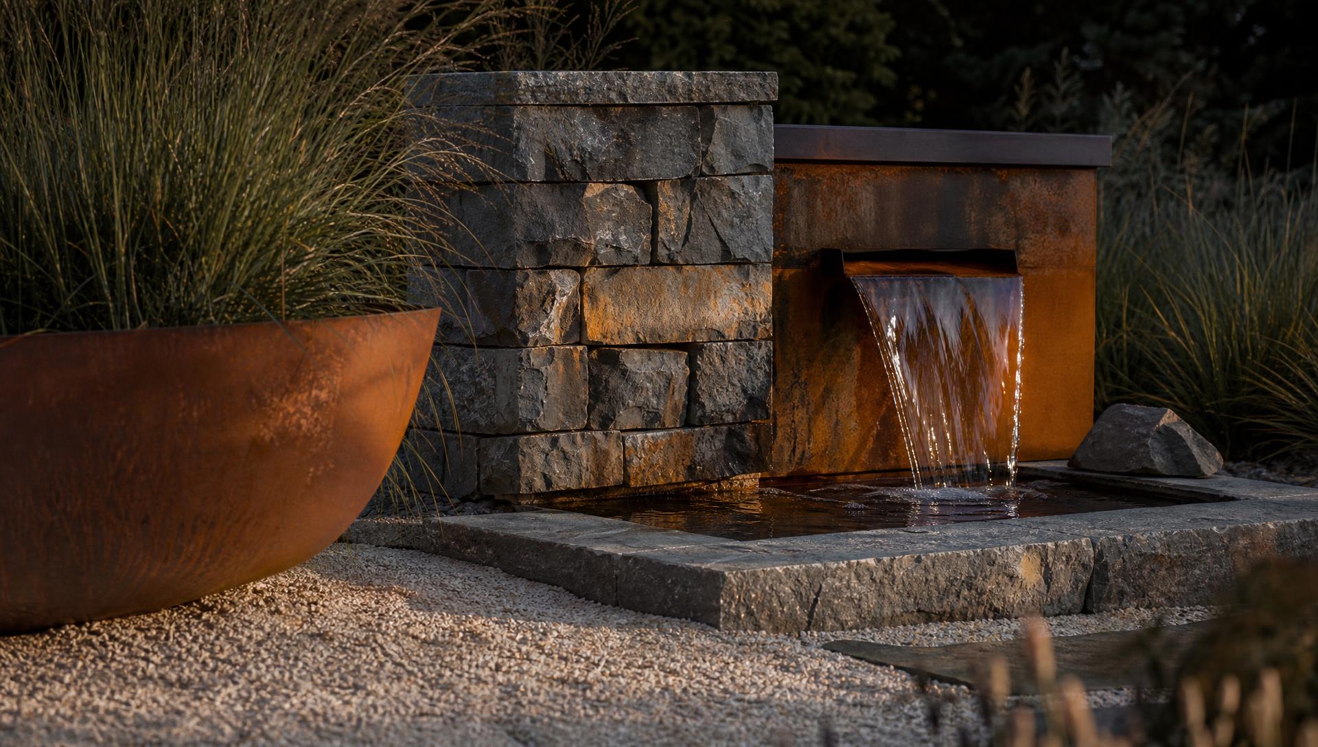 Corten steel planters beside a stone and steel water feature in a standalone outdoor garden